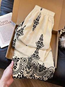 Franclia Women's Casual Vacation Printed Loose Pants, Positioned Printed Wide Leg Pants With Pockets, Elastic Waist, Beach Pants, Spring/Summer Printed Wide Leg Pants, Women's Vacation, Music Festival Pants, Gentle, Intellectual, Elegant, High-End, Elegant, Commuting, Daily, Summer, Party, Beach, Date, Graduation, Business Office, Urban Fashion Versatile Daily Pants - Multicolor - View 7