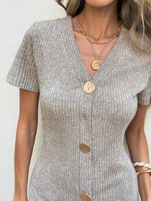 SHEIN LUNE Women's Casual Ribbed Summer Vacation & Commute Daily Basic Fashion Short Sleeve Mini Dress - Apricot - View 7