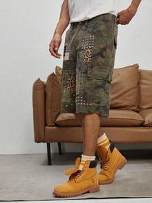 GALLERY FADE Men's Casual Street Style Embroidered Patch Camo Print Denim Shorts - Army Green - View 5
