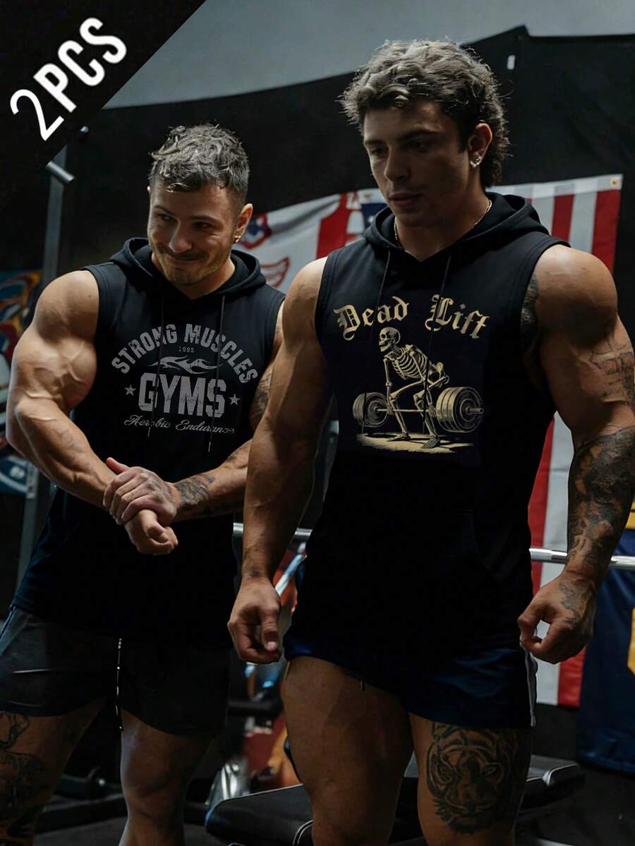 GymBeat 男士字母骷髅印花抽绳连帽运动背心 - 黑色 - 查看 1