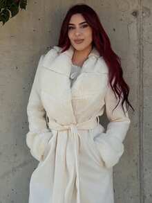 Bearsaez Damen einfarbiger flauschiger Mantel mit Schalkragen, Langarm, elegant, Wollmischung, Vintage Mantel für Winter und Herbst, Damenkleidung für Halloween, Konzertoutfits im Winter, Damenkleidung im Winter, Pelzmantel, stilvoller und warmer Mantel, geeignet für Partys und Ausflüge - Aprikosenfarben - Übersicht 6