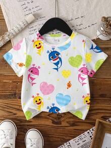 BABY SHARK X SHEIN Young Girls Cute Cartoon All-Over Print Short Sleeve T-Shirt - White - View 1