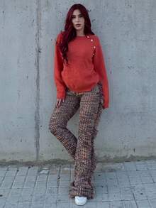 Bearsaez 2024 新款秋冬女式长流苏针织喇叭裤，休闲街头时尚风格 - E - 棕色 - 查看 3