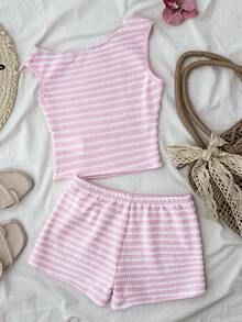 SHEIN Tween Girls' Summer Casual Asymmetric Textured Striped Off-Shoulder T-Shirt And Shorts 2-Piece Set - Pink - View 2