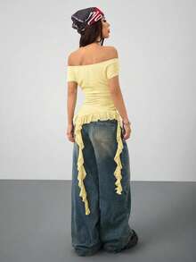 Coolane 女士休闲音乐节露肩网纱荷叶边不对称下摆上衣 - 淡黃色 - 查看 2