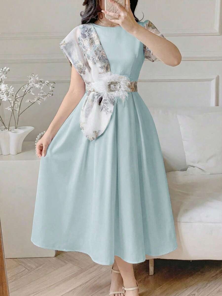 SHEIN Teen Girls' Elegant Floral Print Patchwork Summer Midi Dress Aqua Floral Print Dress - Green - View 1