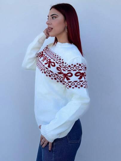 Bearsaez 圆领蝴蝶结装饰套头毛衣，简约时尚休闲日常针织套头衫，秋冬季款