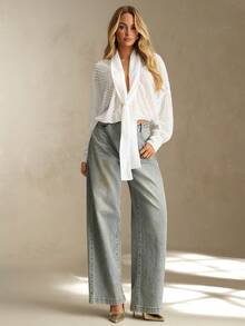 SHEIN Glamour Chiffon Jacquard Blouse, Women's Pullover Semi-Sheer White Shirt Top, Long Sleeve Loose Blouse, Jacquard Fabric Shirt - White - View 4