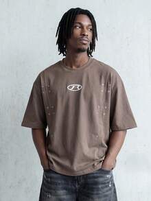 ROMWE MEN Essentials 男士休闲日常圆领印花短袖T恤 - 咖啡棕 - 查看 3