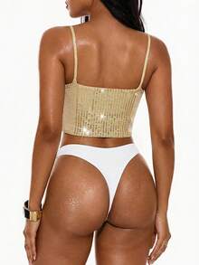 Oceva 女士海滩夏季穿搭：优雅法式亮片条纹针织吊带背心、性感V领修身短款背心、高端金属质感度假风上衣、个性叠穿单品 - 杏色 - 查看 2