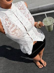 Muchica White Lace Bodysuit Sleeveless Shirt For Women - White - View 7