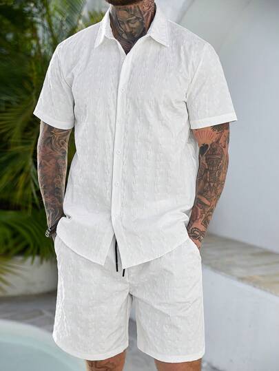Manfinity CasualCool Men's Vacation Casual Solid Color Shirt And Shorts 2 Pieces Set,Men Old Money,Daily Leisure, Weekend Trips, Outdoor Activities, Travel Expeditions, Relaxed Work Environments Or Semi-Formal Occasions, Boyfriend/Husband Gift, Anniversary /Birthday Gift Party Summer Vacation Holiday,Wedding,Spring To Summer,Easter,Men's White Short Sleeve Button Up Casual Textured Shirt And Drawstring Shorts Set For Summer Holiday Beach,Men Two Piece Set Summer,Men's Co Ord Set Short,Men's Resort Wear,Beach Clothes For Men White Cream,Linen Two Piece Set Men