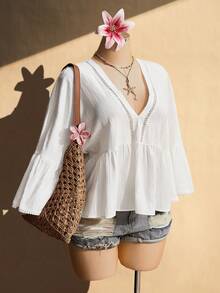 SHEIN ICON Top ajusté blanc à manches évasées, patchwork de tissu texturé, décolleté en V, style bohème, pour les festivals de musique, les vacances à la plage, décontracté et élégant, taille grande pour femmes, printemps/été - Blanc - Voir 3