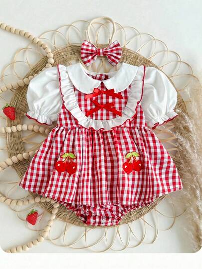 SHEIN Newborn Baby Girl Summer Cute Red & White Plaid Strawberry Pattern Peter Pan Collar Romper With Headband Newborn Baby Girl Clothes Red Bow Baby Girl Outfit Cherry Baby Outfit Cherry Baby Girl Outfit Red Plaid Baby Outfit
