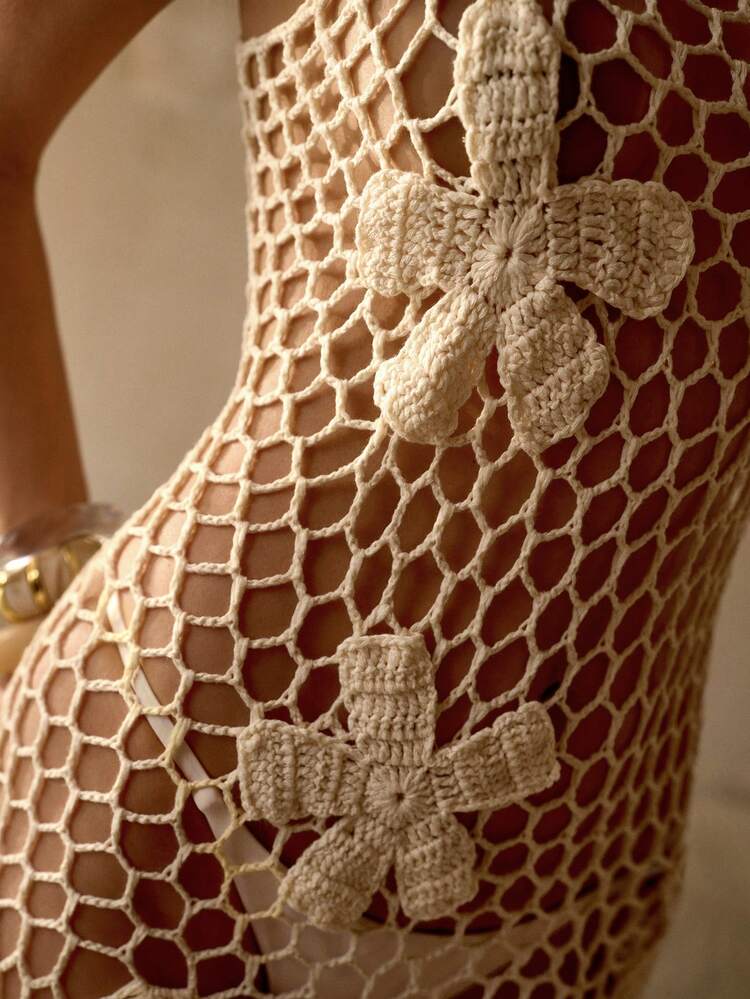 HANDMADE CROCHET REALISTIC 3D FLORAL DECOR MESH TEXTURED BICOLOR ELEGANT HIGH SLIT DRESS, WOMEN BEACH VACATION COVER UP