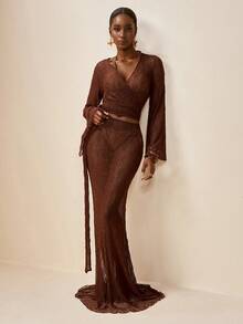 Zivah Bộ đồ nữ mùa hè 2026, kiểu dáng thường ngày, chất liệu vải dệt kim mỏng, màu nâu đậm, gồm áo croptop buộc dây và chân váy maxi. - màu nâu - Xem 6