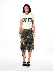 SUMWON WOMEN Áo thun nữ tay ngắn cổ tròn ôm sát in chữ đen "DON'T SLIP" (Đừng trượt chân) - Màu be - Xem 3