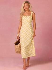 Athîral 女士休闲黄色格子印花无袖中长连衣裙，度假休闲风 - 彩色 - 查看 3