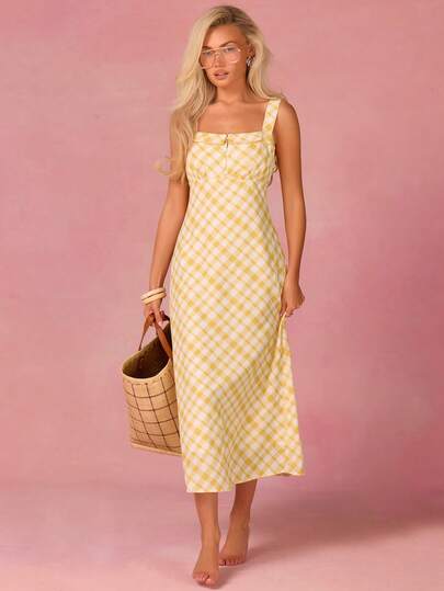 Athîral 女士休闲黄色格子印花无袖中长连衣裙，度假休闲风