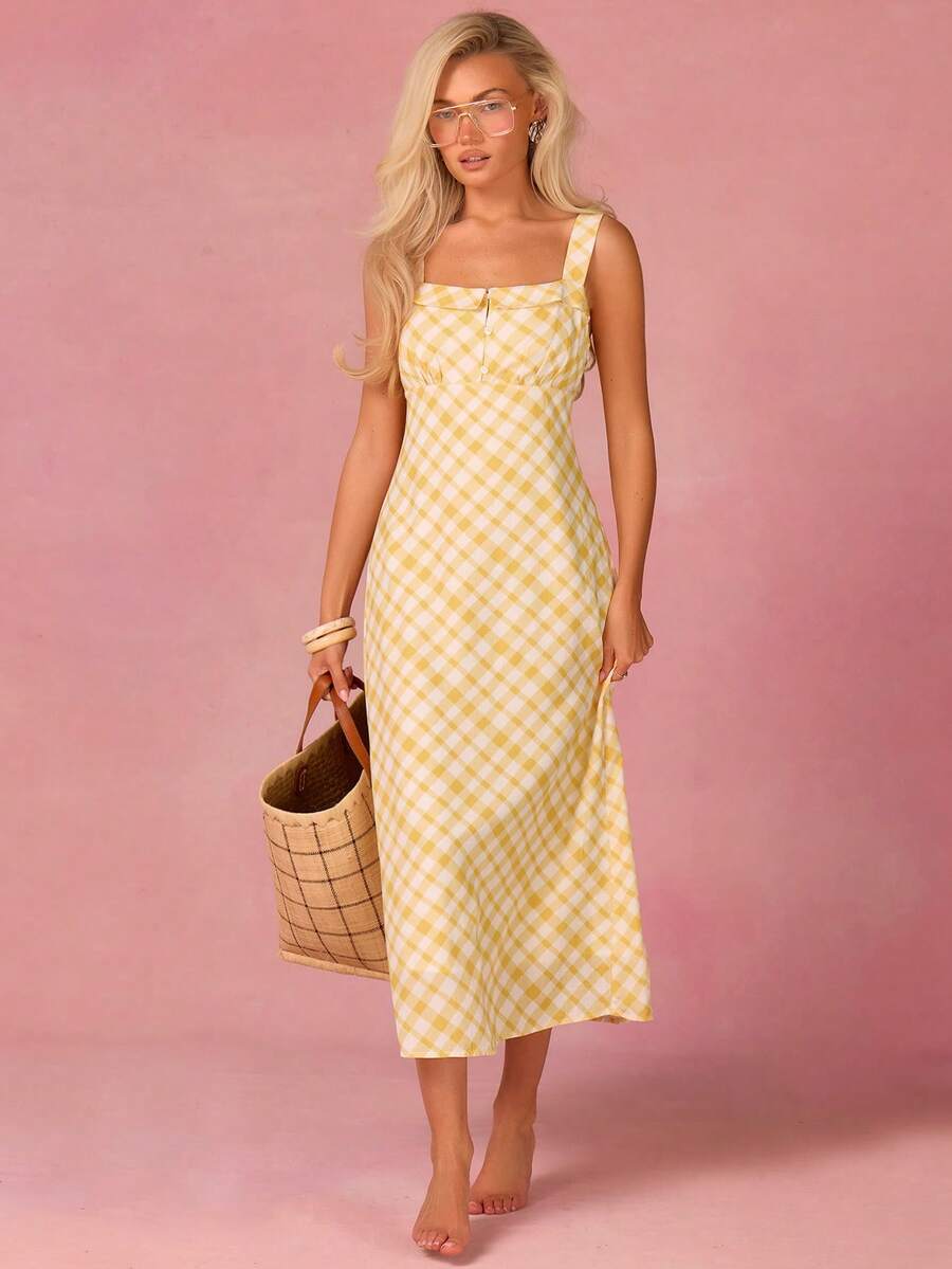 Athîral Women's Casual Yellow Plaid Print Sleeveless Mid-Length Dress, Vacation & Leisure Style - Multicolor - View 1