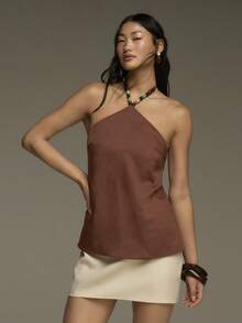 COSMINA Women's Brown Linen Embellished Blouse, Summer Vacation Casual Wear - Multicolor - View 1