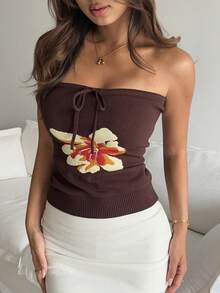 Livesso 女士碎花扭结前襟休闲抹胸上衣 - 棕色 - 查看 1