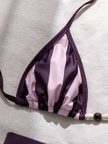 Swim Mod Spring/Summer Beach Vacation Purple-Pink Contrast Halter Striped Bikini 2 Pieces Swimwear - Multicolor - View 5