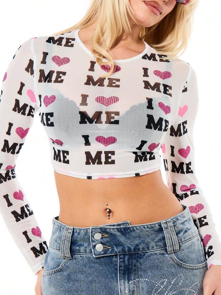 SUMWON Women's "I Love Me" Graphic Print Long Sleeve Crop Top With Crew Neckline And Fitted Silhouette For Self Love