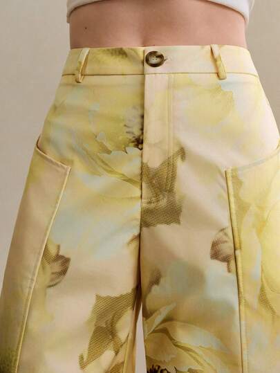 Arave Women's Stiff Jacquard Fabric Silhouette Wide Leg Pants Vintage Floral Print High Waist Button Detail Structured Cut Side Pockets French Retro Elegant Vacation Outfits For Women Women's Dress Pants Yellow Dress For Women Elegant Women's Set