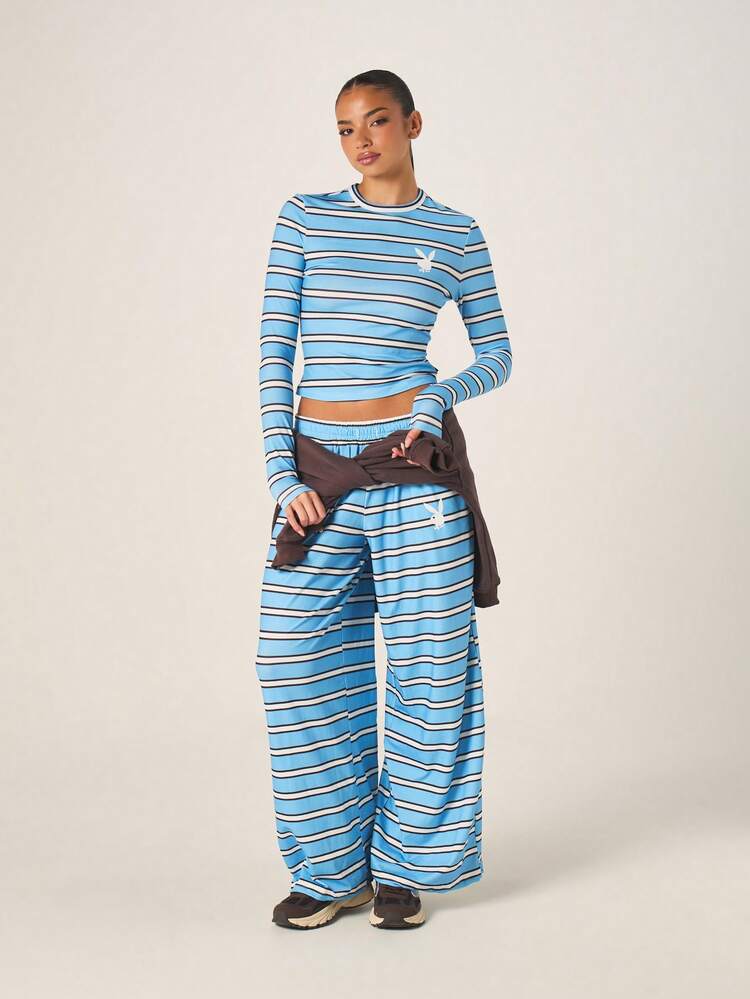 Missguided x Playboy Striped Long Sleeve Crop Top Wide Leg Palazzo Pants Two Piece Co Ord Set Matching Outfit Fall Winter Casual Loungewear