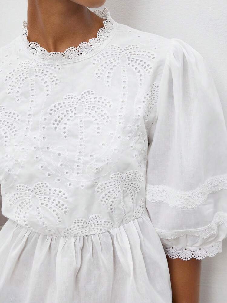 SHEIN Maija Women's White Elegant Lace-Trimmed Blouse,Coconut Tree Embroidery Puff Petal Sleeve Shirt,Summer Vacation Holiday Beach Outfit,Casual Date Party Top