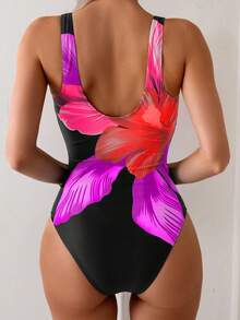 Swim Basics 女士连体多色大花卉图案圆领优雅高衩泳衣，夏季 - 彩色 - 查看 2