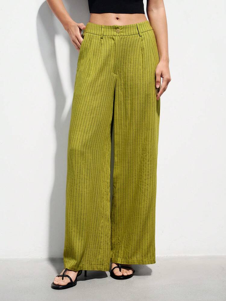 Aveloria Modichic Nouveaux arrivages Pantalon large en lin rayé, style décontracté à la française, mode minimaliste, polyvalent, décontracté, idéal pour les vacances - Jaune moutarde - Voir 3