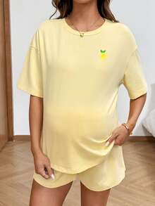 Lyckli 孕婦檸檬刺繡圓領短袖T恤與抽繩腰鬆緊短褲休閒寬鬆兩件套夏季穿搭 藍黃配色正式款 - 黃色 - 查看 8