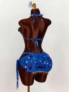 Amplova Bộ bikini 3 món dành cho nữ, họa tiết sao biển và vỏ sò, kèm váy đính hạt, gợi cảm, thích hợp cho kỳ nghỉ, lễ hội âm nhạc, mùa xuân/hè. - Màu xanh lam - Xem 14