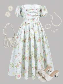 Girlism 少女露肩泡泡袖碎花蓝色中长连衣裙，波西米亚风，复活节连衣裙，假日家庭户外春季野餐日常穿着，适合各种场合，音乐节伴娘礼服，适合派对、婚礼、花园活动、通勤、购物，适合婚礼、生日派对、舞会和伴娘场合。 - 淺藍色 - 查看 1