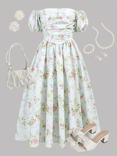 Girlism Teen Girl's Open Shoulder Puff Sleeve Ditsy Floral Blue Mid-Length Dress,Boho Clothing,Easter Dress,Holiday Family Outdoor Spring Picnic Everyday Wear,Suitable For Various Occasions,Music Festival Bridesmaids Dress,,Suitable For Parties, Weddings, Garden Events, Commuting Elegance,,Shopping, Suitable For Weddings,Birthday Parties,Dances And Bridesmaids Occasions