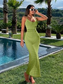 EURMUSE 纯色修身高开衩优雅无袖毛衣裙 - 青檸色 - 查看 7