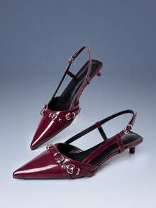 CUCCOO GRLICON 酒红色漆皮尖头后跟镂空金属环扣小猫跟女鞋 - 酒紅色 - 查看 5