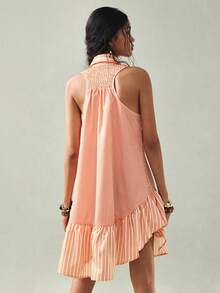 SoleilVie 女士条纹无袖不对称荷叶边下摆优雅短裙 - 橘色 - 查看 2