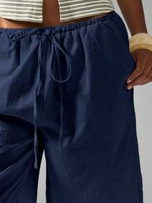 MISSGUIDED Women Navy Linen Feel Look Drawstring Long Bermuda Shorts With Elastic Waistband Casual Summer Relaxed Fit - Blue - View 4