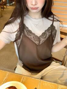 DAZY 女士二合一长袖T恤，韩版，春秋季 - 咖啡棕 - 查看 8