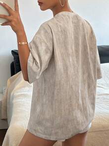 DAZY Áo thun denim nữ in chữ, nhuộm tie-dye, kiểu dáng thường ngày, thích hợp mặc đi chơi. - Màu Khaki - Xem 2