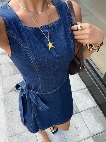 Siren Gaze Women's Solid Color Knotted Square Neck Casual Sleeveless Denim Jumpsuit And Overalls