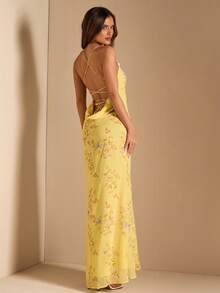 SHEIN BAE Yellow Ditsy Floral Backless Tie Dress, Elegant & Graceful For Spring/Summer,Summer Dresses For Women - Yellow - View 2