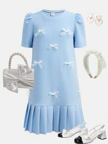 Girlism 少女优雅蝴蝶结褶皱连衣裙，适合派对、休闲、毕业典礼、返校、度假、下午茶、婚礼季等场合。 - 淺藍色 - 查看 1