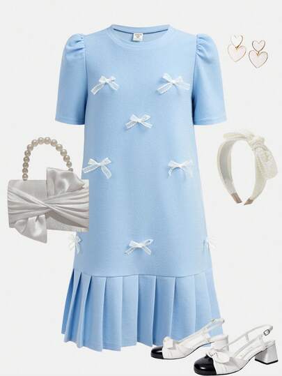 Girlism 少女优雅蝴蝶结褶皱连衣裙，适合派对、休闲、毕业典礼、返校、度假、下午茶、婚礼季等场合。