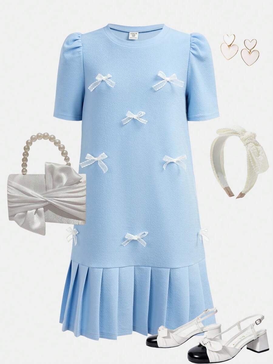 Girlism 少女优雅蝴蝶结褶皱连衣裙，适合派对、休闲、毕业典礼、返校、度假、下午茶、婚礼季等场合。 - 淺藍色 - 查看 1