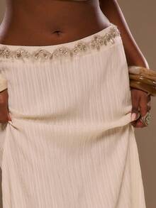 MUSERA Low Rise Embellished Trim Loose Fit Maxi Skirt Spring Summer Vacation Beach Elegant Ibiza Festival Holiday Tajine - Khaki - View 3