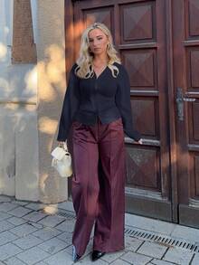 Jeta Ari Áo len dệt kim dài tay cổ chữ V thời trang retro màu đỏ tía cho nữ - Màu xanh hải quân - Xem 1